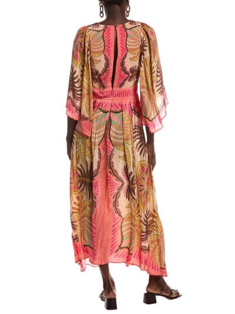 FARM Rio Palm Scarf Sand Coral Pink & Yellow Tropical Print Maxi Dress, NWT, XL - Picture 2 of 11